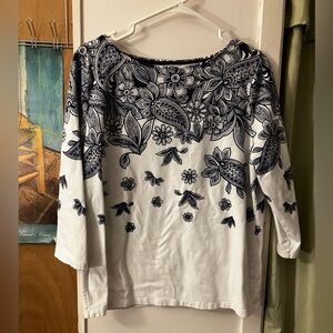 Talbots Navy and White Floral 3/4 Sleeve Top